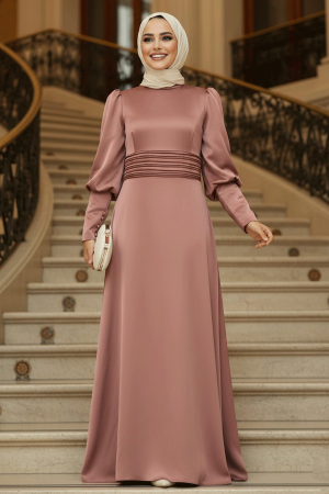 Satin Powder Pink Muslim Bridesmaid Dress 4171PD - 1