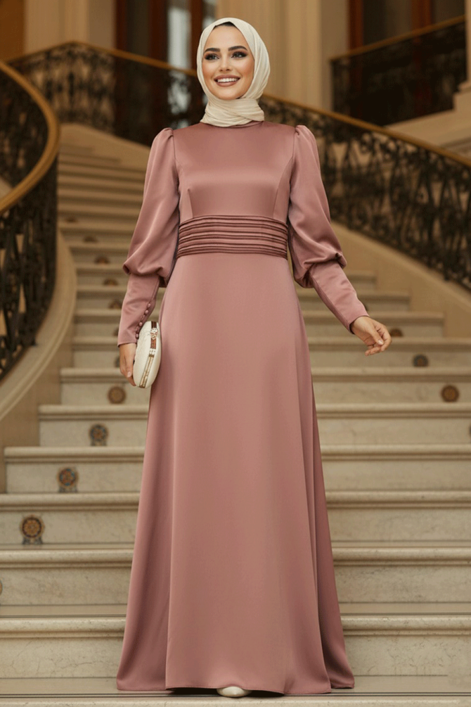 Satin Powder Pink Muslim Bridesmaid Dress 4171PD - 1