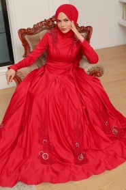 Neva Style - Satin Red Hijab Long Sleeve Dress 777K - Thumbnail