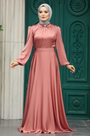 Neva Style - Satin Salmon Pink Islamic Engagement Dress 25131SMN - Thumbnail