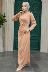 Neva Style - Satin Salmon Pink Muslim Bridal Dress 5940SMN - Thumbnail