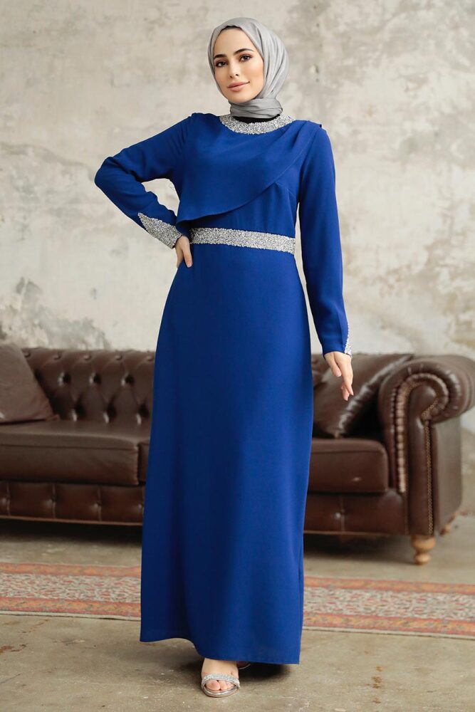 Neva Style - Satin Sax Blue Islamic Long Sleeve Maxi Dress 38031SX - 2