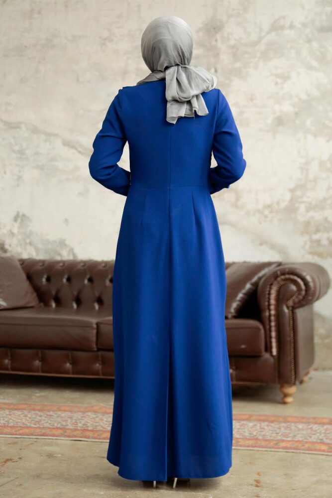 Neva Style - Satin Sax Blue Islamic Long Sleeve Maxi Dress 38031SX - 3