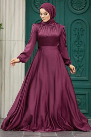 Satin Plum Color Islamic Engagement Dress 25131MU - 1