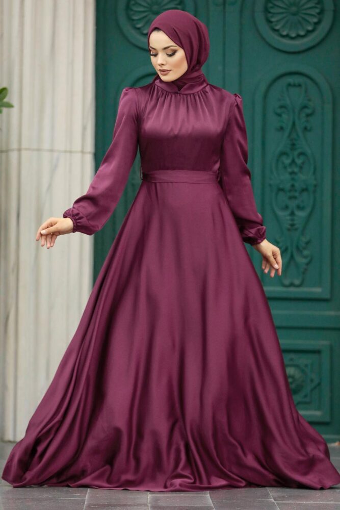 Satin Plum Color Islamic Engagement Dress 25131MU - 1