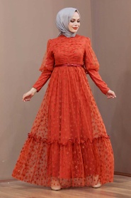 Neva Style - Satin Terra Cotta Modest Islamic Clothing Wedding Dress 22840KRMT - Thumbnail