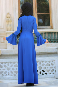 Çiçekli Volan Kol Saks Mavisi Tesettür Elbise 30870SX - Thumbnail
