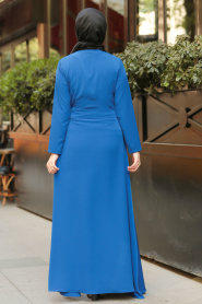 Fermuar Detaylı Sax Mavi Tesettür Elbise 4017SX - Thumbnail
