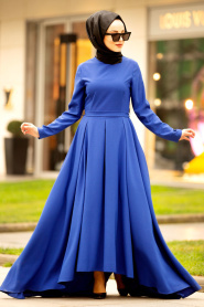 Kemer Detaylı Sax Mavisi Tesettür Elbise 42501SX - Thumbnail