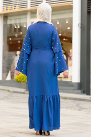 Boncuk Detaylı Sax Mavisi Tesettür Elbise 4274SX - Thumbnail