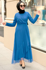 Puantiyeli Sax Mavisi Tesettür Elbise 50141SX - Thumbnail