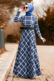 Fermuar Detaylı Ekoseli Sax Mavisi Tesettür Elbise 8387SX - Thumbnail