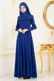 Omuzları Dantel Detaylı Sax Mavisi Tesettür Abiye Elbise 3746SX - Thumbnail