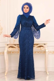 Dantel Detaylı Sax Mavisi Tesettür Abiye Elbise 3858SX - Thumbnail