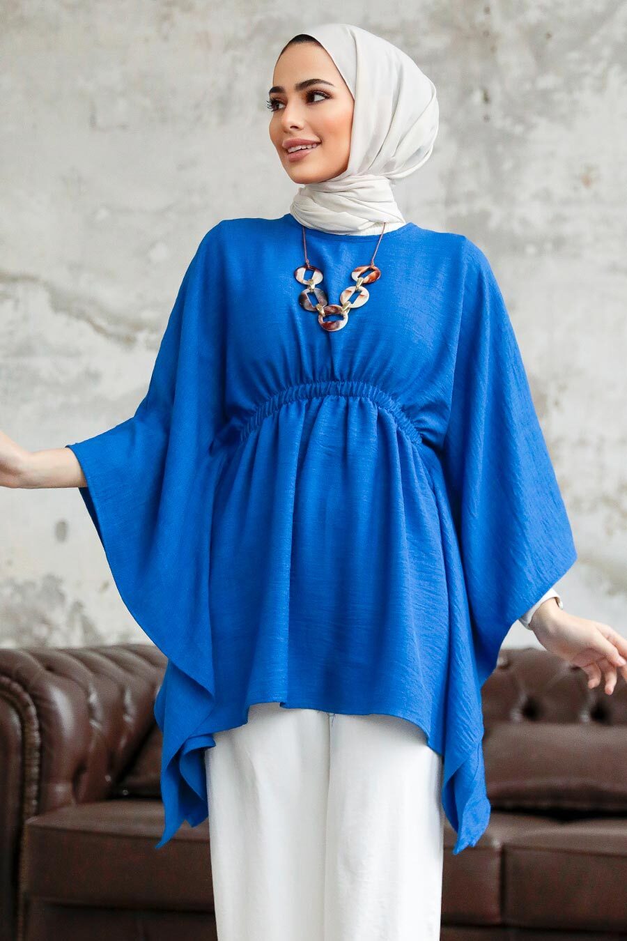Neva Style - Sax Blue Hijab For Women Poncho 41259SX