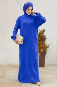 Neva Style - Sax Blue Hijab Maxi Knitwear Dress 4852SX - Thumbnail
