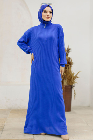 Neva Style - Sax Blue Hijab Maxi Knitwear Dress 4852SX - Thumbnail