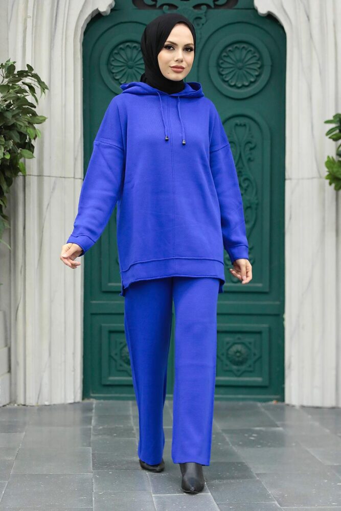 Sax Blue Knitwear Islamic Clothing Dual Suit 25030SX - 3