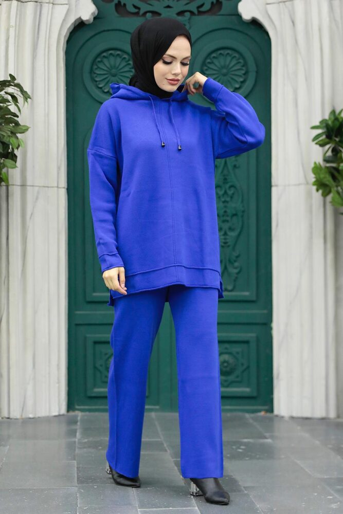 Sax Blue Knitwear Islamic Clothing Dual Suit 25030SX - 2