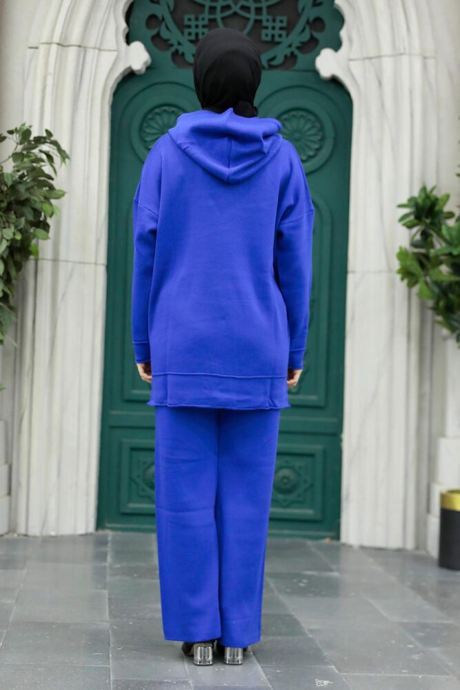 Sax Blue Knitwear Islamic Clothing Dual Suit 25030SX - 4