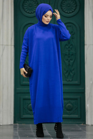 Neva Style - Sax Blue Long Dress for Muslim Ladies Knitwear Dress 3409SX - Thumbnail