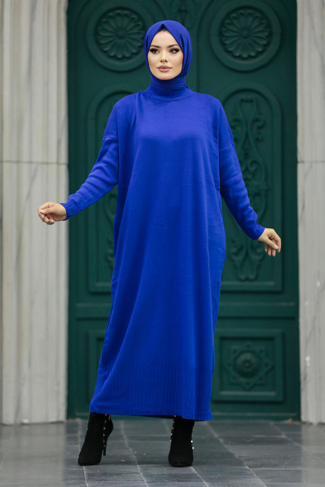 Neva Style - Sax Blue Long Dress for Muslim Ladies Knitwear Dress 3409SX - 3