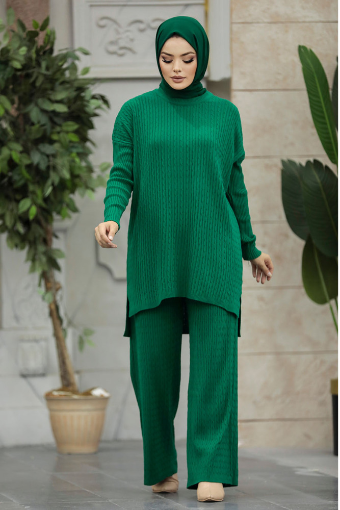 Neva Style - Green Knitwear Muslim Dual Suit 33450Y - 4