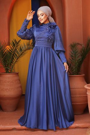 Neva Style - Sax Blue Turkish Hijab Evening Gown 21960SX - 2