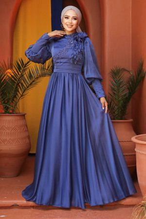 Neva Style - Sax Blue Turkish Hijab Evening Gown 21960SX - 3