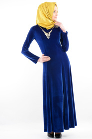 Neva Style - Sax Mavi Kadife Elbise - Thumbnail