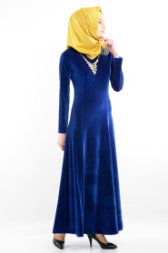 Neva Style - Sax Mavi Kadife Elbise - Thumbnail