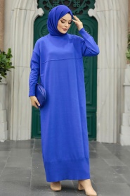 Neva Style - Sax Mavisi Tesettür Merserize Elbise 10137SX - Thumbnail