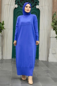 Neva Style - Sax Mavisi Tesettür Merserize Elbise 10137SX - Thumbnail