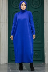Neva Style - Sax Mavisi Tesettür Triko Elbise 3409SX - Thumbnail