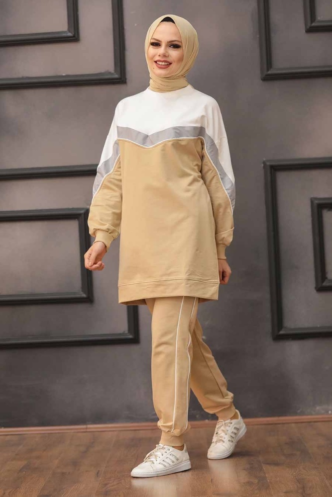 Neva Style - Şerit Desenli Bej Tesettür İkili Takım 6307BEJ - 1