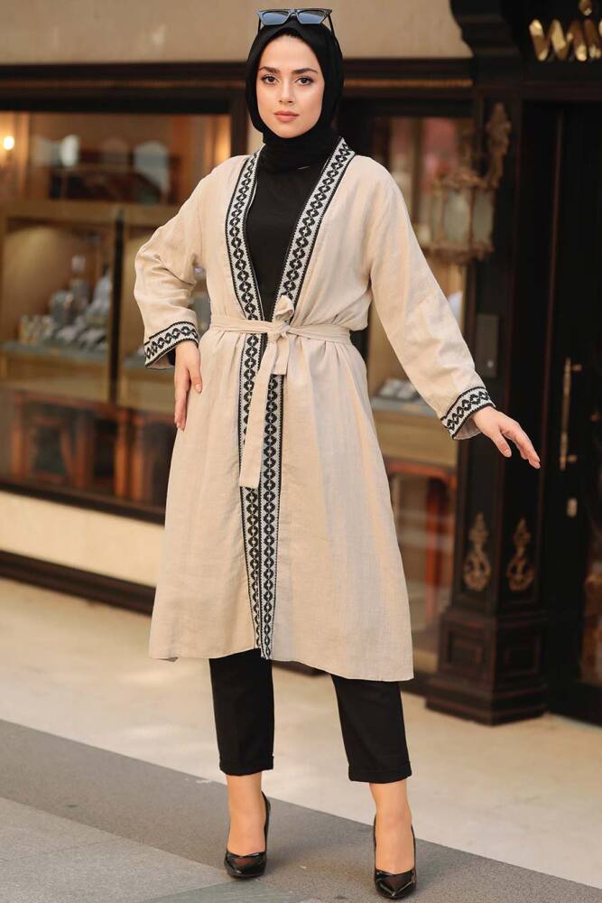 Neva Style - Şerit Desenli Bej Tesettür Kimono 10373BEJ - 1