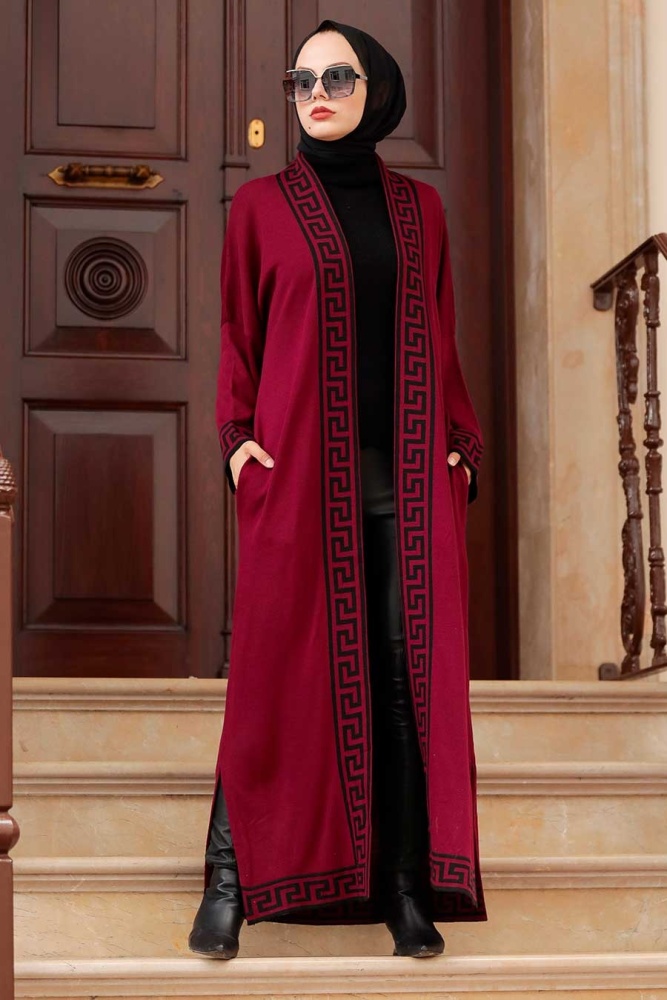 Neva Style - Şerit Desenli Bordo Tesettür Triko Hırka 3049BR - 1