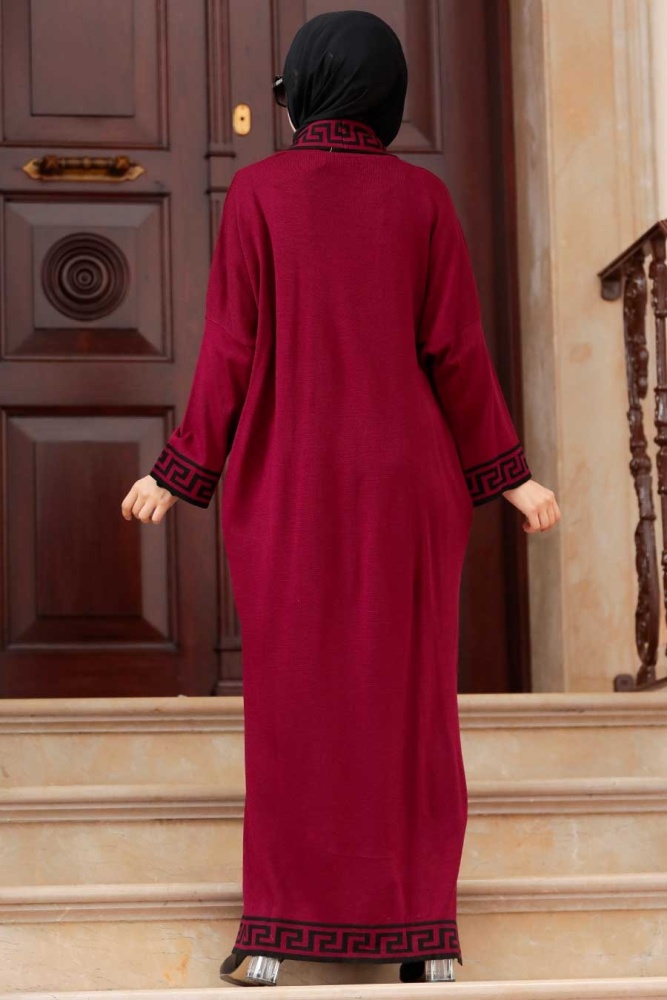 Neva Style - Şerit Desenli Bordo Tesettür Triko Hırka 3049BR - 2