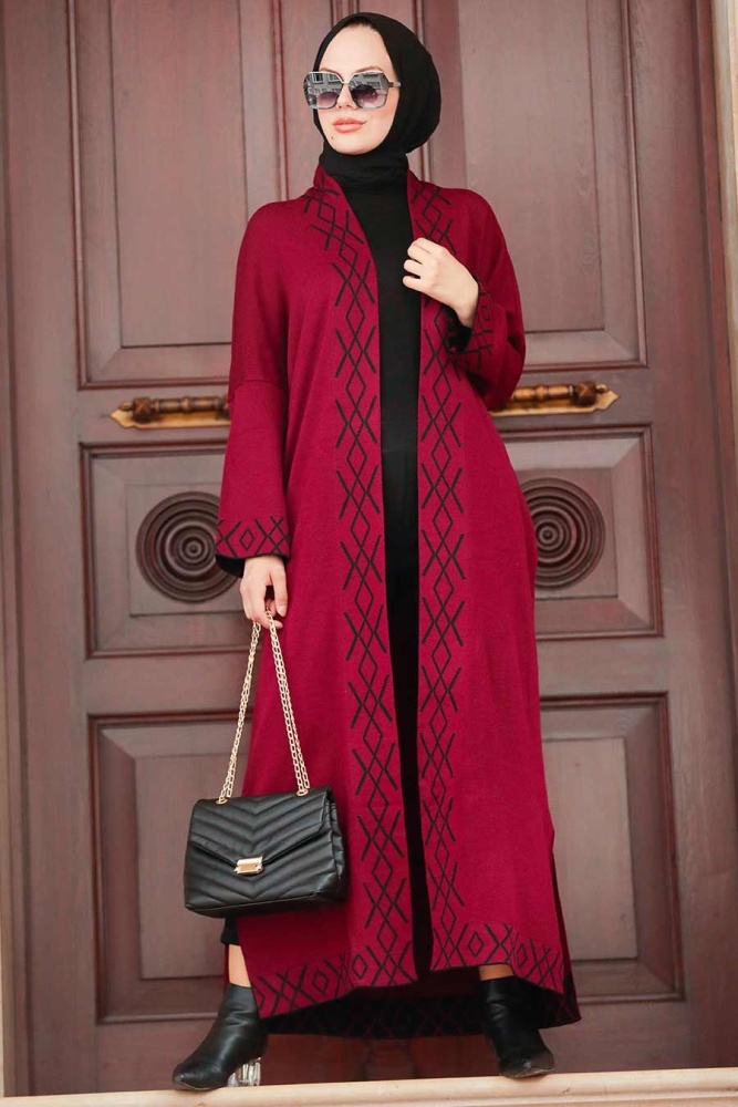 Neva Style - Şerit Desenli Bordo Tesettür Triko Hırka 3063BR - 2