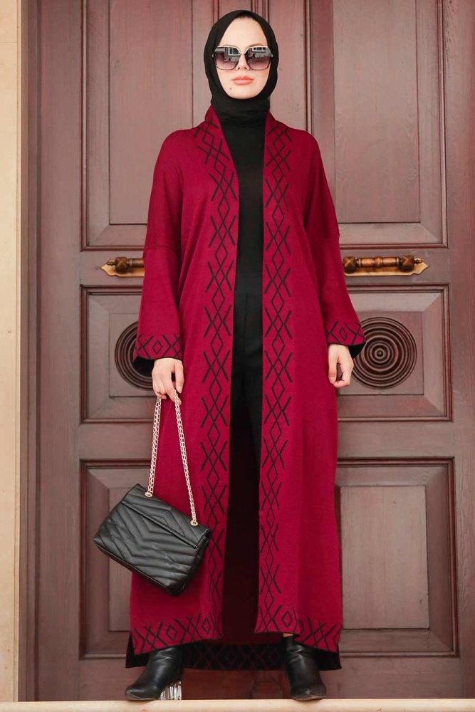 Neva Style - Şerit Desenli Bordo Tesettür Triko Hırka 3063BR - 1