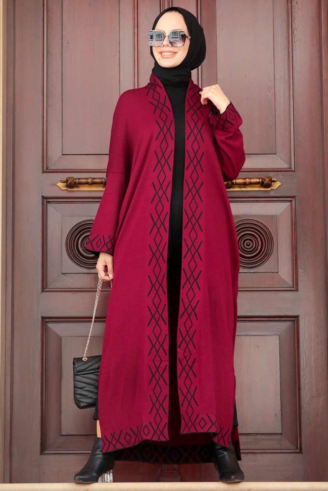 Neva Style - Şerit Desenli Bordo Tesettür Triko Hırka 3063BR - 3