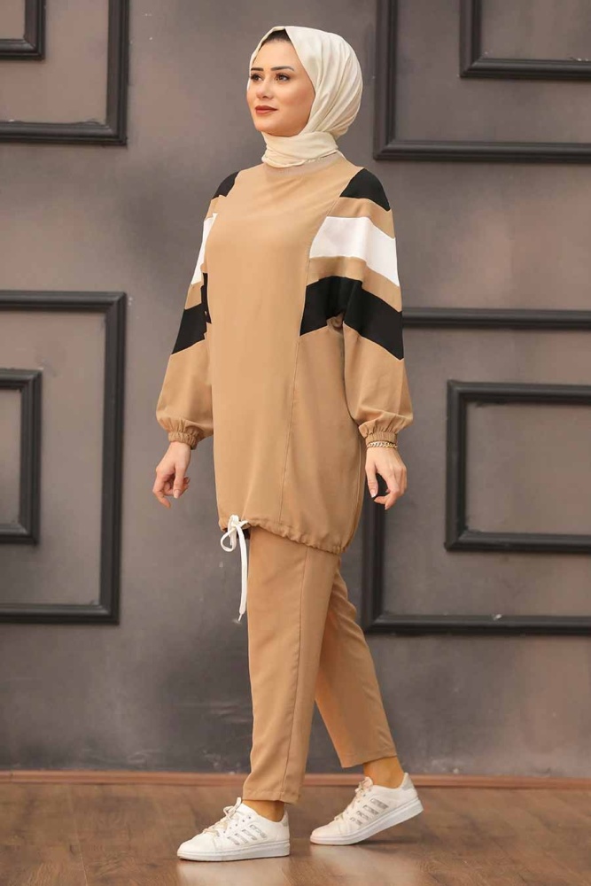 Neva Style - Şerit Desenli Camel Tesettür İkili Takım 3146C - 1