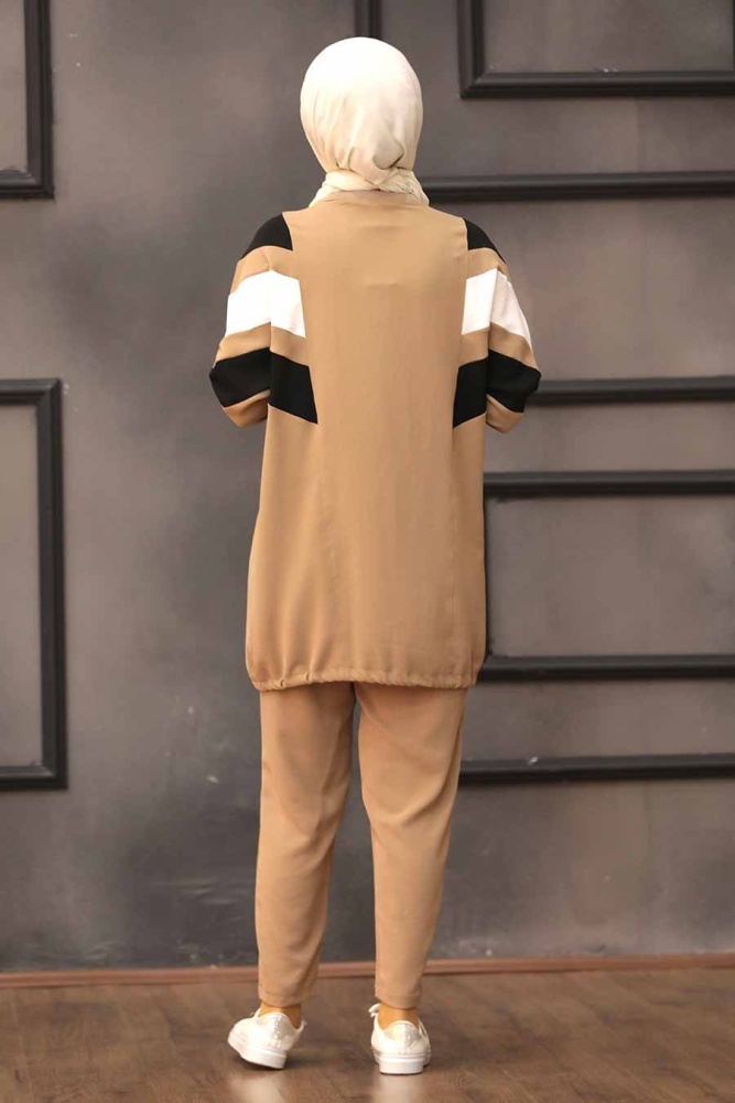 Neva Style - Şerit Desenli Camel Tesettür İkili Takım 3146C - 2