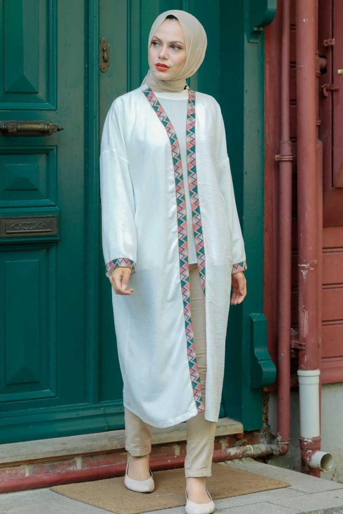 Neva Style - Şerit Desenli Ekru Tesettür Kap 14075E - 1