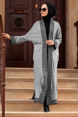 Neva Style - Şerit Desenli Gri Tesettür Triko Hırka 3049GR - 1