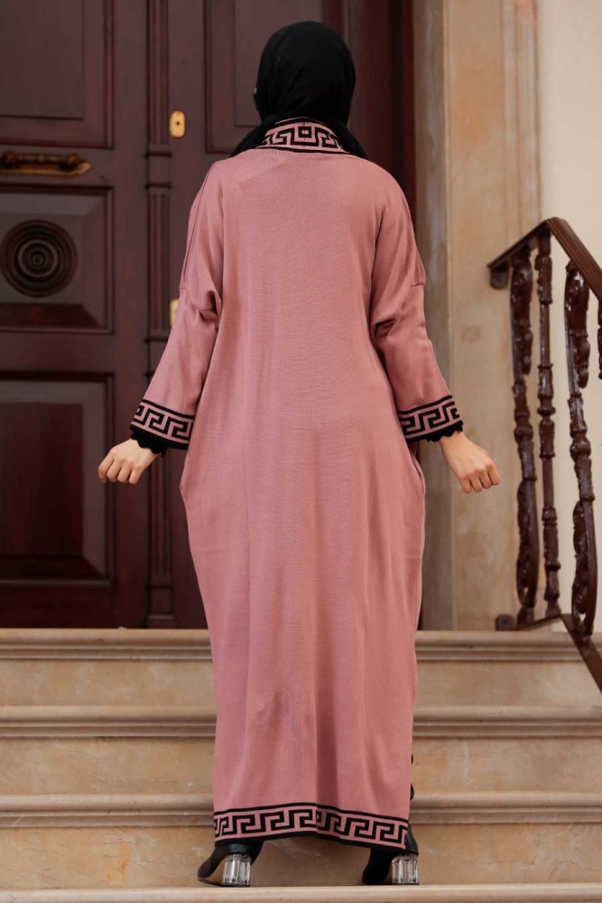 Neva Style - Şerit Desenli Gül Kurusu Tesettür Triko Hırka 3049GK - 2