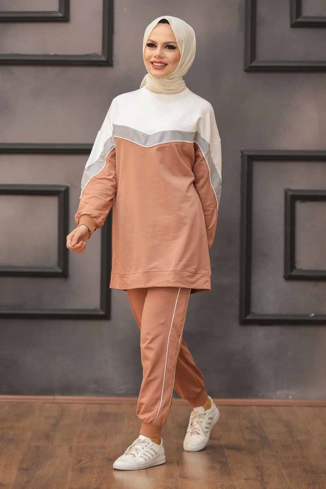 Neva Style - Şerit Desenli Koyu Somon Tesettür İkili Takım 6307KSMN - 1