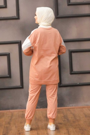  Şerit Desenli Koyu Somon Tesettür İkili Takım 6307KSMN - 2