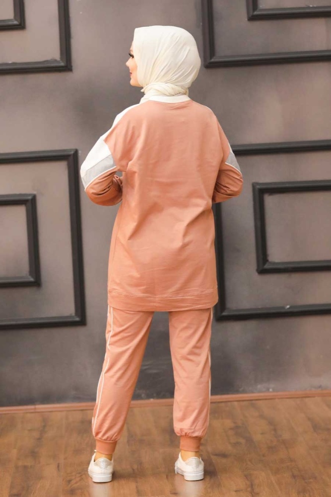  Şerit Desenli Koyu Somon Tesettür İkili Takım 6307KSMN - 2