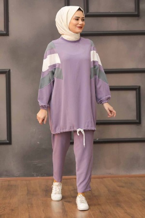  Şerit Desenli Lila Tesettür İkili Takım 3146LILA - 1